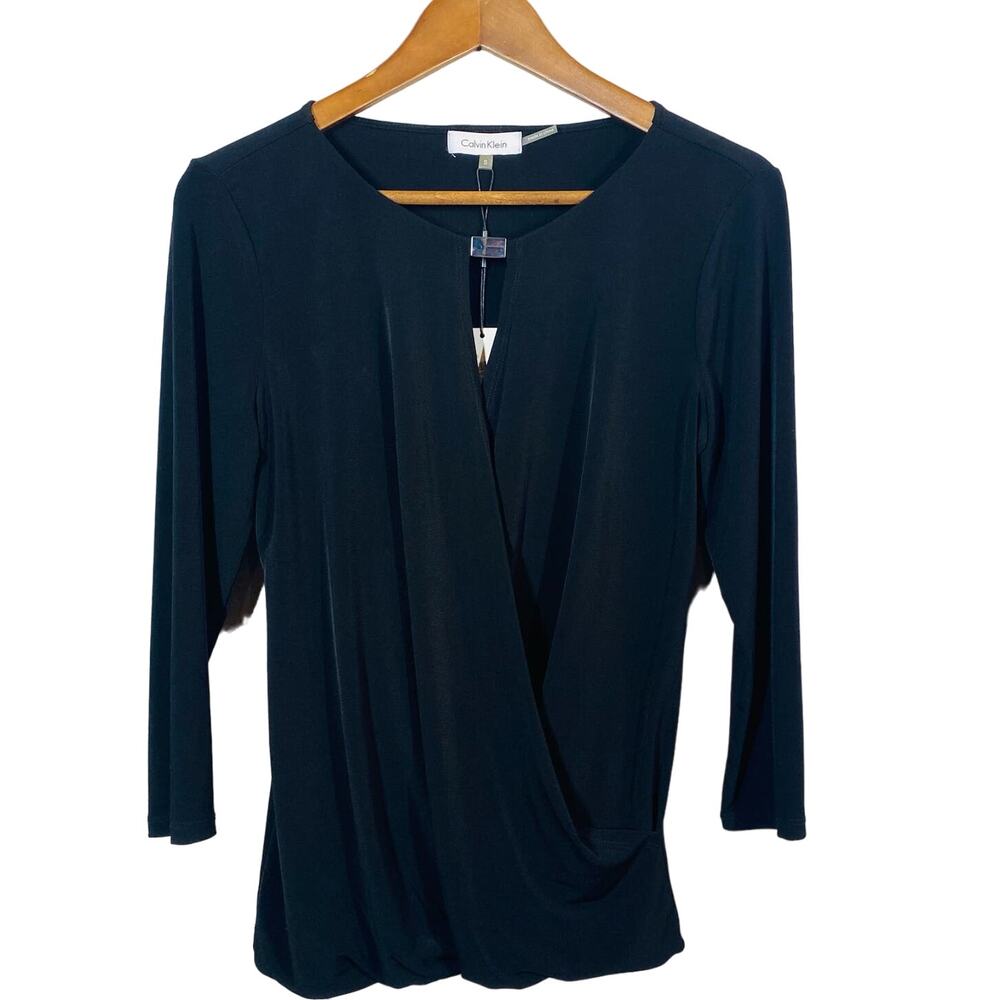 NEW! Calvin Klein Tunic Draped Top Faux Wrap Blouse Black Career Casual - S